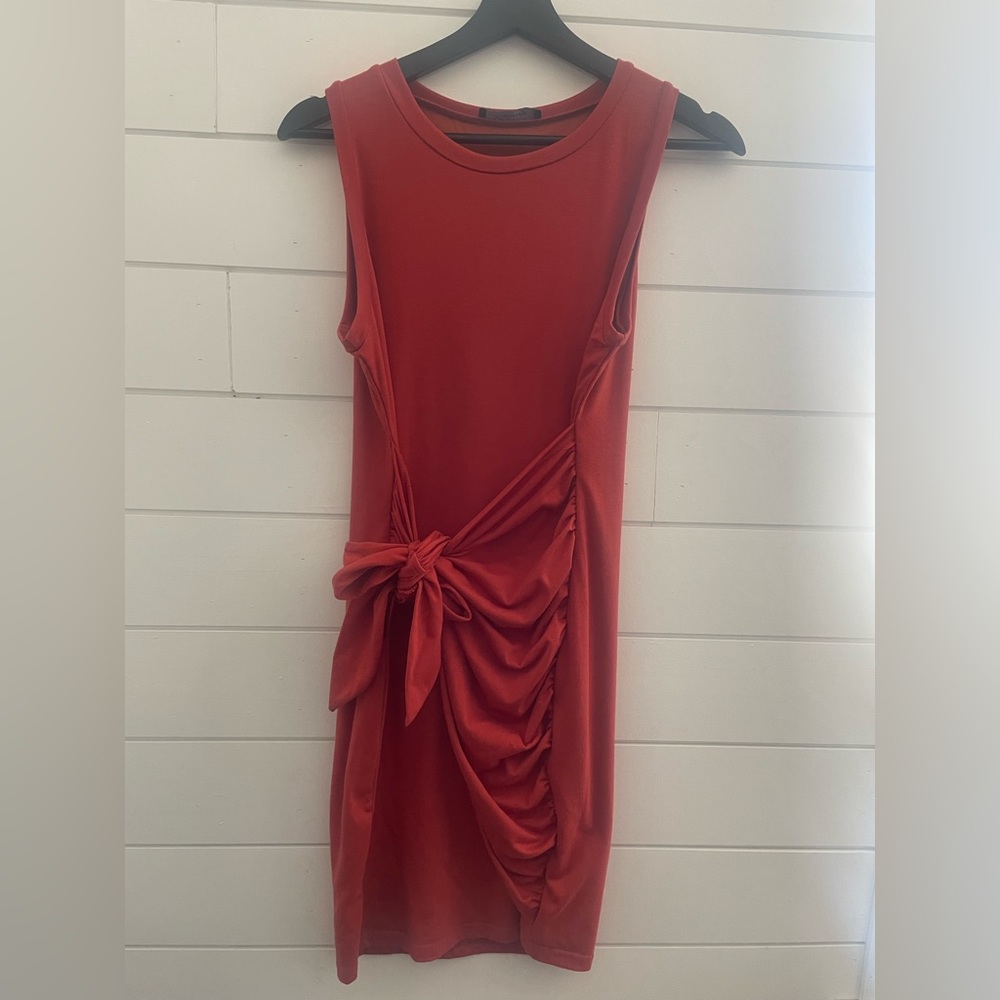 Tie front fitted mini jersey dress, rust orange, M like new